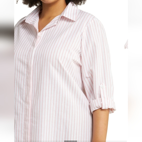 NWT HARSHMAN Willow Stripe Long Sleeve Cotton & Linen Shirtdress in White/Rose P - Picture 4 of 8